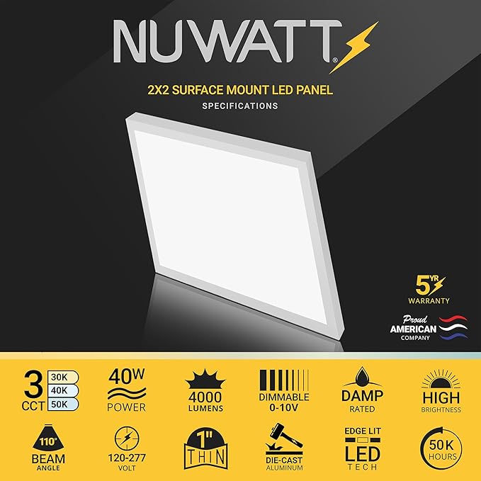 NUWATT 4 Pack, 2x2 LED Flat Panel Light, 120-277V, 3CCT 3000K/4000K/5000K Selectable, 4000LM, 40W, Internal Driver, 0-10V Dimmable, 2x2 FT Surface Mount Panel Light, 24x24 LED Ceiling Lights, 1" Thin