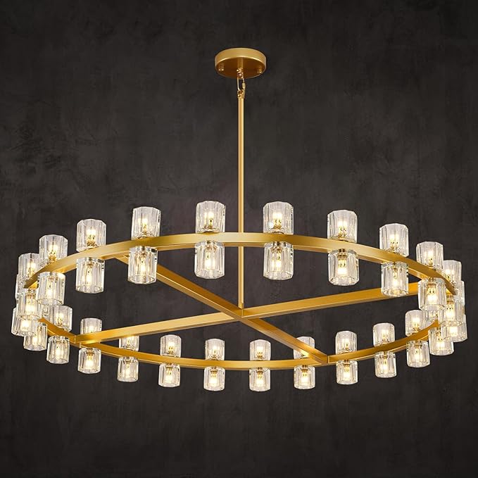 Modern 48 inch Gold Round Chandeliers Light Fixture, Crystal Chandeliers for Dining Room, Living Room Chandelier, Wagon Wheel Chandelier Over Table, Suitable for Bedroom,Foyer,Includes Bulbs