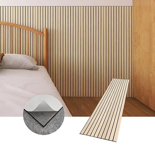 Modern Wood Slat Wall Panels, Peel and Stick Acoustic Panels, Self-Adhesive Wall Covering, Natural Wood Finish 8 Pack (Oak)