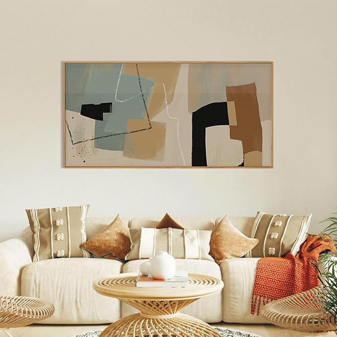 Abstract Neutral Framed Canvas Wall Art Set,Modern Color Block Geometric Wall Decor,Beige Minimalist Line Shape Artwork for Living Room,Bedroom-20 x40