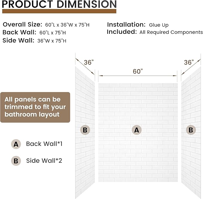 CASAINC Shower Wall Panels, Waterproof Wall Panels for Showers, Shower Surround Kit 3 Piece, 36D x 60W x 75H, Glossy White Tile Finish, SMC Material, 3.5MM Thick, Quick Install and Trimmable