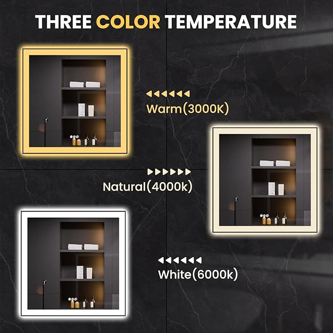 LOAAO 38"X38" LED Bathroom Mirror Black Framed, Anti-Fog, Dimmable, Lighted Bathroom Vanity Mirror for Wall, Memory Function, Tempered Glass