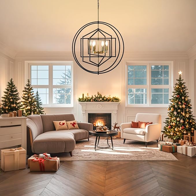 26 Inch Black and Gold Chandelier, 6-Light Farmhouse Chandelier for Entryway, Industrial Foyer Lighting Fixtures, Large Chandeliers for High Ceilings, Modern Hanging Pendant Lights for Staircase