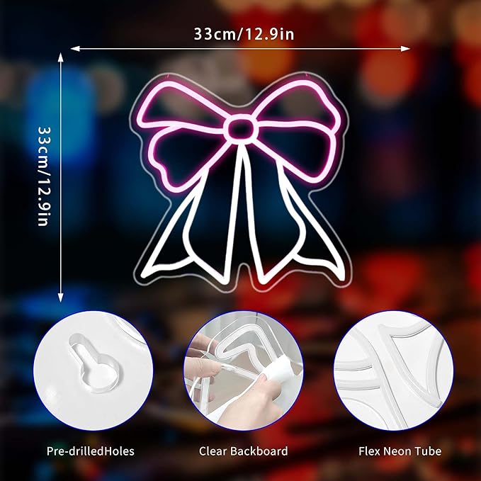 Bow Neon Sign, Neon Signs for Wall Decor Neon White Pink LED Signs Room Neon Light Up Signs Home Decor for Bedroom Club Party Bar Shop USB Operated