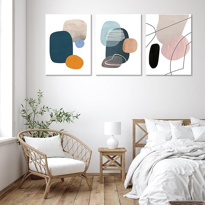 ouiytws Abstract Wall Art Set of 3 – Mid Century Modern Geometric Canvas Prints, Minimalist Teal Orange Beige Artwork for Living Room, Bedroom, Office, Bathroom Wall Décor，Frame 12x16in