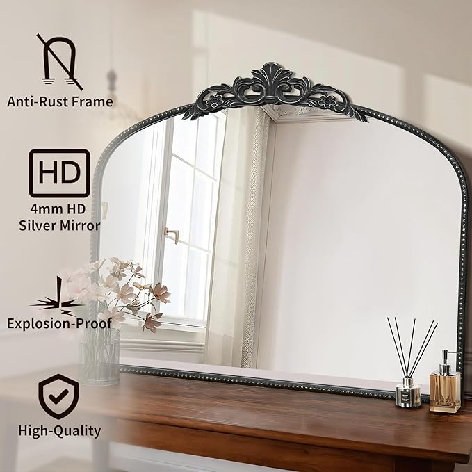 Micasso Large Vintage Black Mirror: 40" x 30" French Baroque Antique Mirror - Traditional Ornate Decorative Arched Mirrors for Wall/Bathroom/Entryway/Fireplace/Hallway - Home Decor for Living Room