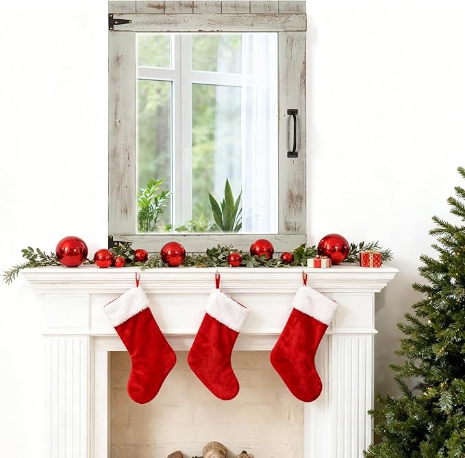 Oakrain Farmhouse Mirror, 24x32 Inch Distressed Gray Wood Frame with Black Metal Hinges, Rustic Wall Mirror for Bathroom, Living Room, Entryway, Bedroom