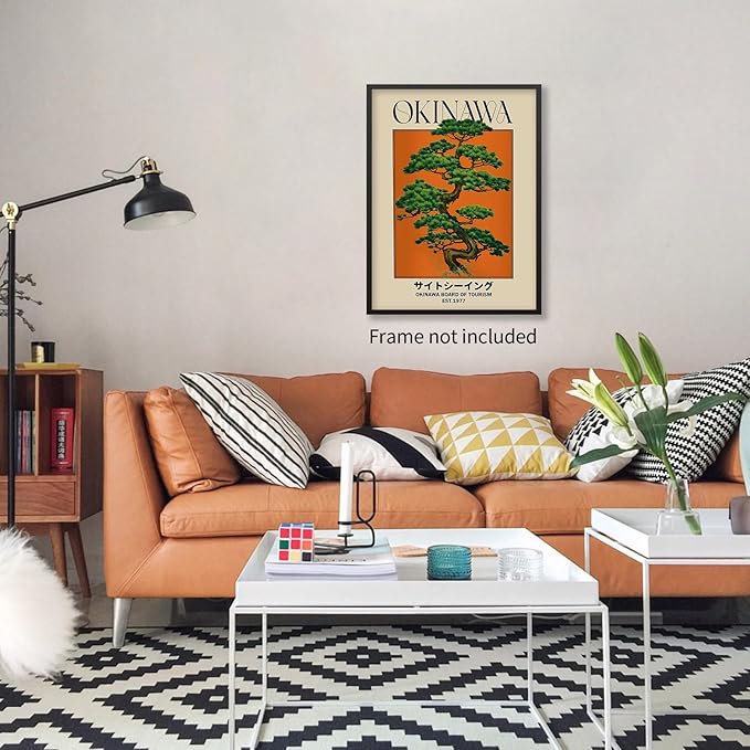 Japanese Canvas Wall Art Orange Okinawa Prints Retro Japanese Bonsai Tree Picture Modern Ukiyo-e Decor Poster for Asian Living Room Bedroom Dorm Bathroom 8x10 inch Unframed