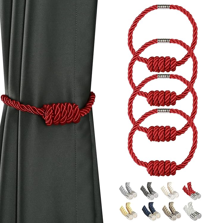 BEL AVENIR Magnetic Curtain Tiebacks, Decorative Drapery Holdbacks Modern Woven Tie-Backs with Exquisite Knot (Red, 4 Pack)