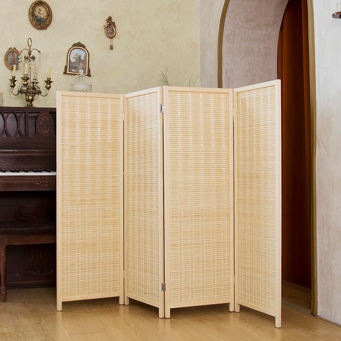 4 Panel Short Room Divider Folding Screen,47 inch Bamboo Panel Divider for Home Partition,Beige