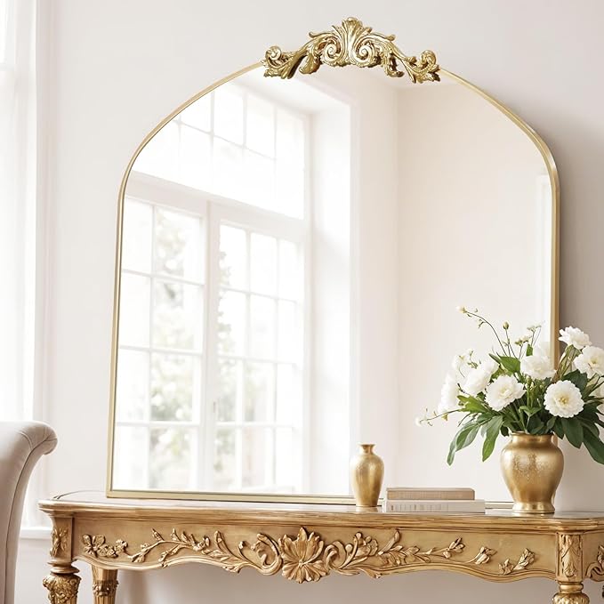 MISSDAY Vintage Retro Gold Baroque Mirror for Wall, 36"X30" Arched Antique Wall Mirror with Elegant Carving Top, Full Metal Frame Wall-Mounted Mirror for Bathroom, Living Room, Fireplace, Entryway