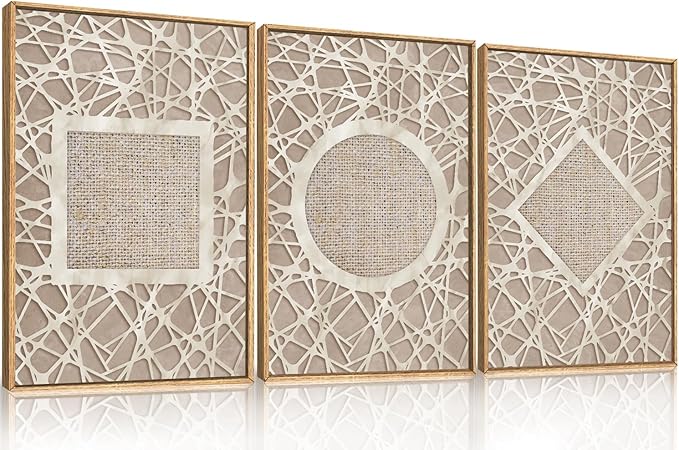 Aryroi Large Boho Neutral Geometric Framed Canvas Wall Art,Modern Circle Square and Rhombus Wall Decor,Minimalist Shapes Artwork,Abstract Mid Century Art Print For Living Room,Bedroom,Office-24"x36"x3