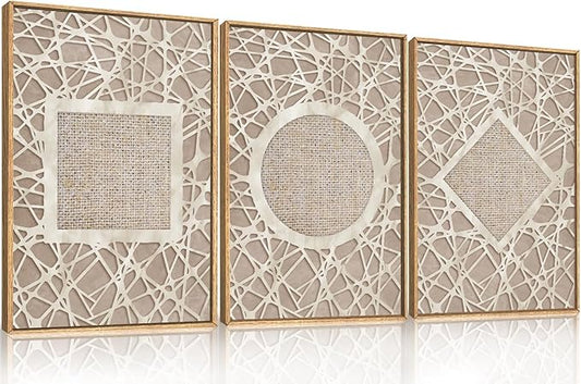Aryroi Large Boho Neutral Geometric Framed Canvas Wall Art,Modern Circle Square and Rhombus Wall Decor,Minimalist Shapes Artwork,Abstract Mid Century Art Print For Living Room,Bedroom,Office-24"x36"x3