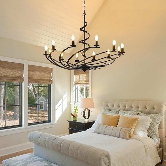 Black Chandelier, 12-Light Farmhouse Chandeliers for Dining Room, Rustic Kitchen Island Lighting, Modern Chandelier for Living Room, Hanging Pendant Lights for Bedroom, Foyer, Staircase, Entry