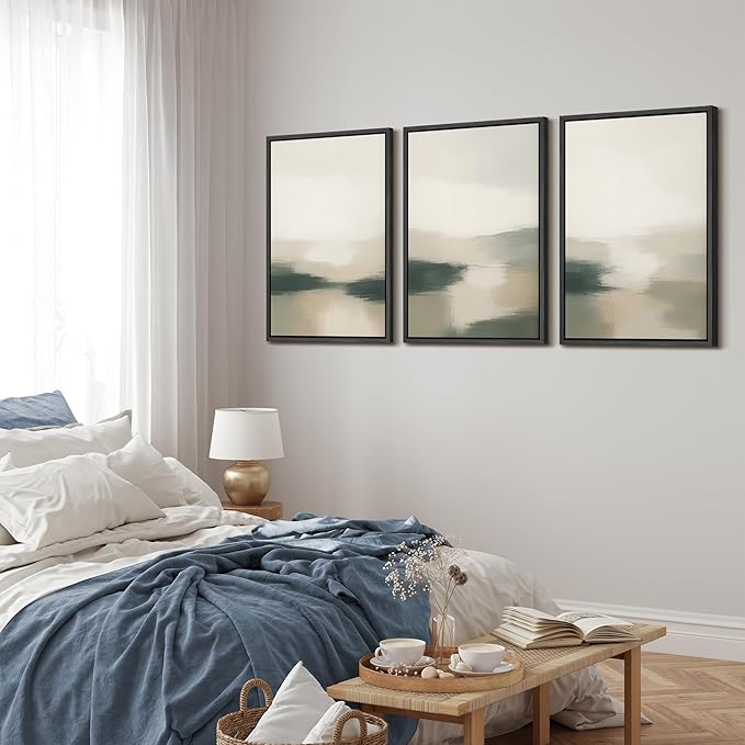 MUDECOR Framed Wall Art Print Set Neutral Landscape Prints in Beige and Green Tones Illustrations Modern Art Boho Decorative Chic for Living Room, Bedroom, Office - 24"x36"x3 Black