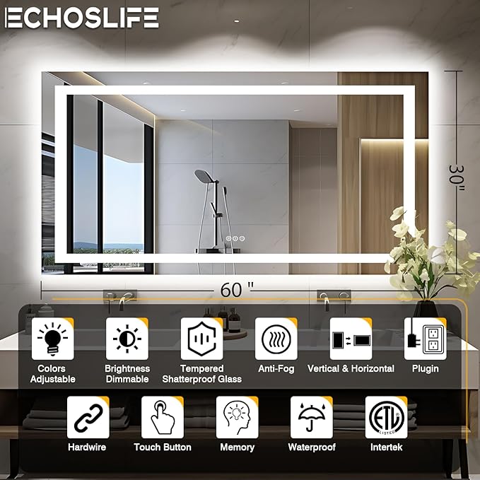 60"x30" Large LED Bathroom Vanity Mirror with Front Light and Backlit, Anti-Fog Illuminated Bathroom Mirror, Stepless Dimmable LED Mirror, 3 Colors Smart Mirror (Horizontal/Vertical)