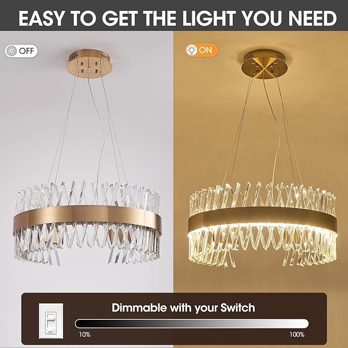 24" Modern Gold Crystal Chandeliers, Round Flush Mount Brass Crystal Lamp for Dining Room Living Room Kitchen Foyer K9 Clear Crystals,60W Led Dimmable 3000K