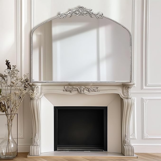 Antique Silver Arch Wall Mirror, 40"x31" Vintage Mantel Mirror with Ornate Metal Frame, Baroque Victorian Mirror for Fireplace/Entryway/Bathroom/Living Room/Hallway