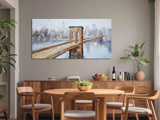 Arjun Brooklyn Bridge Canvas Wall Art New York Skyline City Painting, NYC Picture Textured Artwork Framed for Bedroom Living Room Home Office Wall Decor, Large 48"x24"