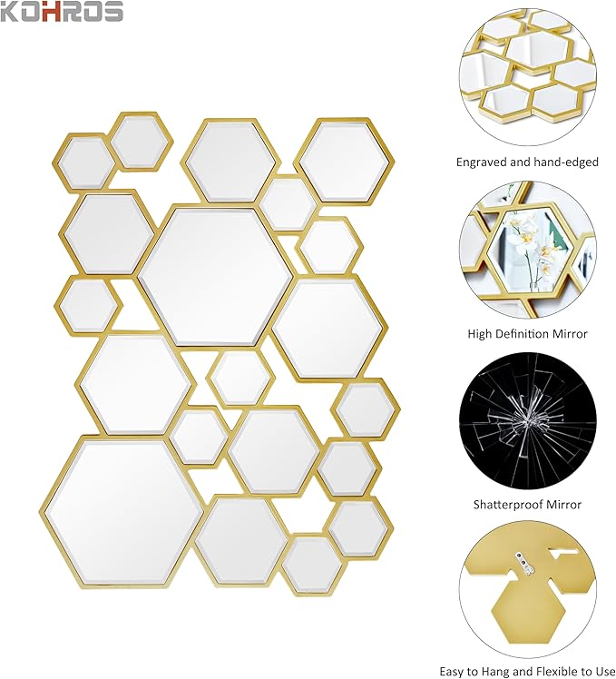 KOHORS Wall Decor Mirror Modern Hexagon Gold Wooden Framed Wall Mirror for Living Room,Bedroom,Entryways,Home Decor(W 31.4" x H 23.6" Honey Comb)