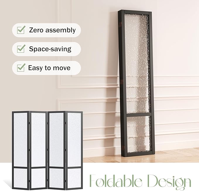 Acrylic Room Divider,4-Panel Freestanding Partition Screen, Frosted Translucent Privacy Panel - Lightweight Modern Divider for Home Office Studio (Black, 4 Panels)