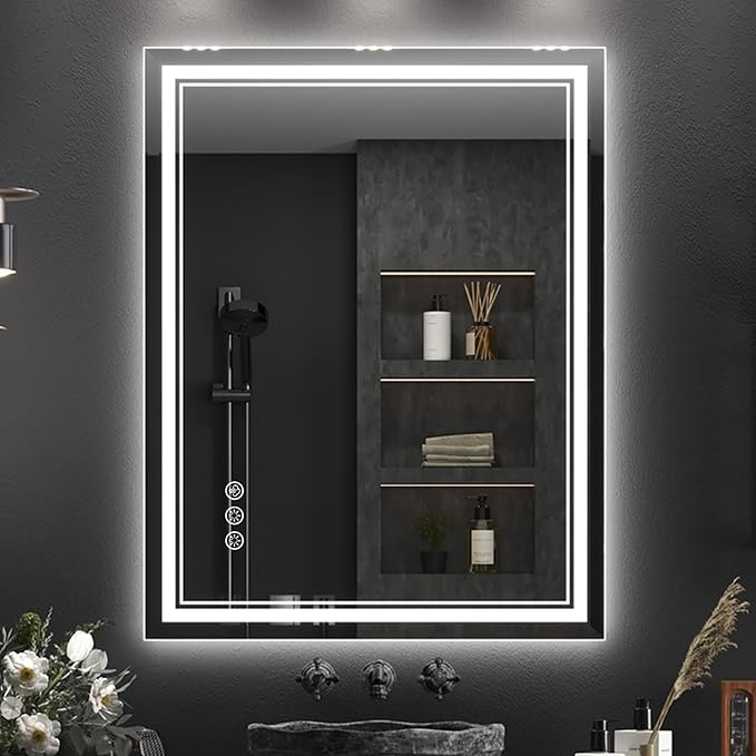 28x36 Inch LED Bathroom Mirror with Frontlit & Backlit（Independent Control）, Lighted Mirror for Bathroom Wall with 3-Color Dimmable & Anti-Fog, Vanity Mirror with Lights