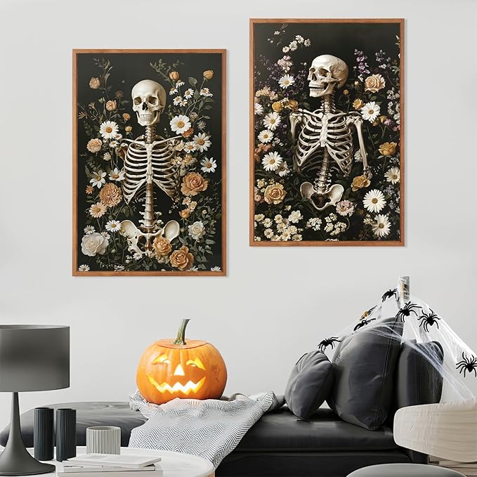 LHIUEM 16”X24”X3-Large Halloween Skeleton Canvas Wall Art Vintage Botanical Art Prints Skull Flowers Pictures Halloween Moody Dark Skull Framed Wall Decor Romantic Rose Spooky Artworks for home office