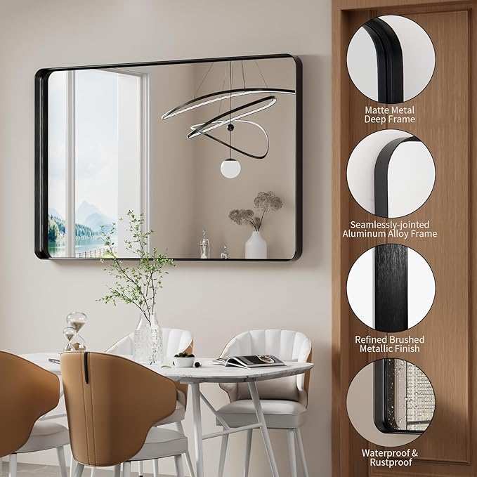 Koonmi Black Wall Mirror for Bathroom, 36x55 Inch Matte Deep Framed Rounded Rectangle Vanity Mirror for Farmhouse Living Room, Tempered Glass, Anti-Rust, Vertically or Horizontally