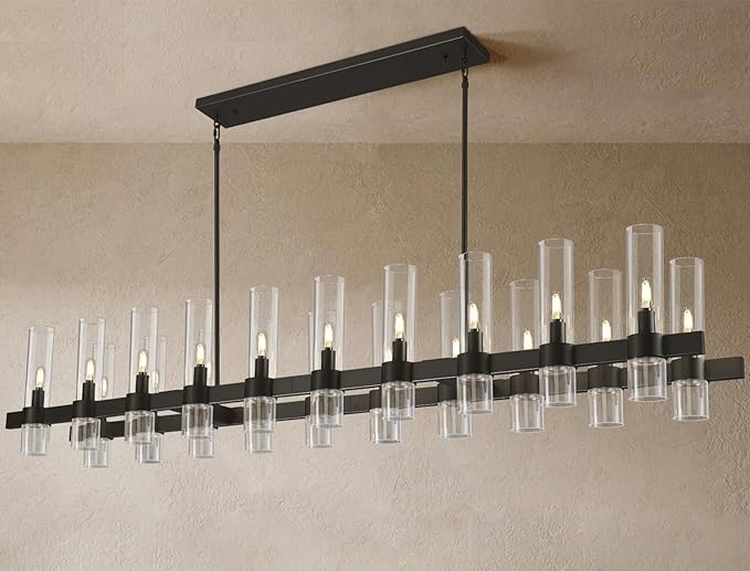 Black Linear Chandeliers for Dining Room, 68" Rectangle Chandelier with Glass, 20-Light Dining Room Chandeliers Over Table, Bronze Chandelier for Kitchen Island, Modern Pendant Light(Bulbs Included)