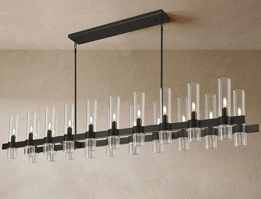 Black Linear Chandeliers for Dining Room, 68" Rectangle Chandelier with Glass, 20-Light Dining Room Chandeliers Over Table, Bronze Chandelier for Kitchen Island, Modern Pendant Light(Bulbs Included)