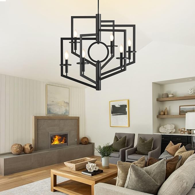 Black Chandelier, 6-Light Dining Room Light Fixtures Over Table, Farmhouse Kitchen Island Lighting, Modern Foyer Lighting Fixtures, Foyer Chandeliers for High Ceilings, for Staircase, Entryway