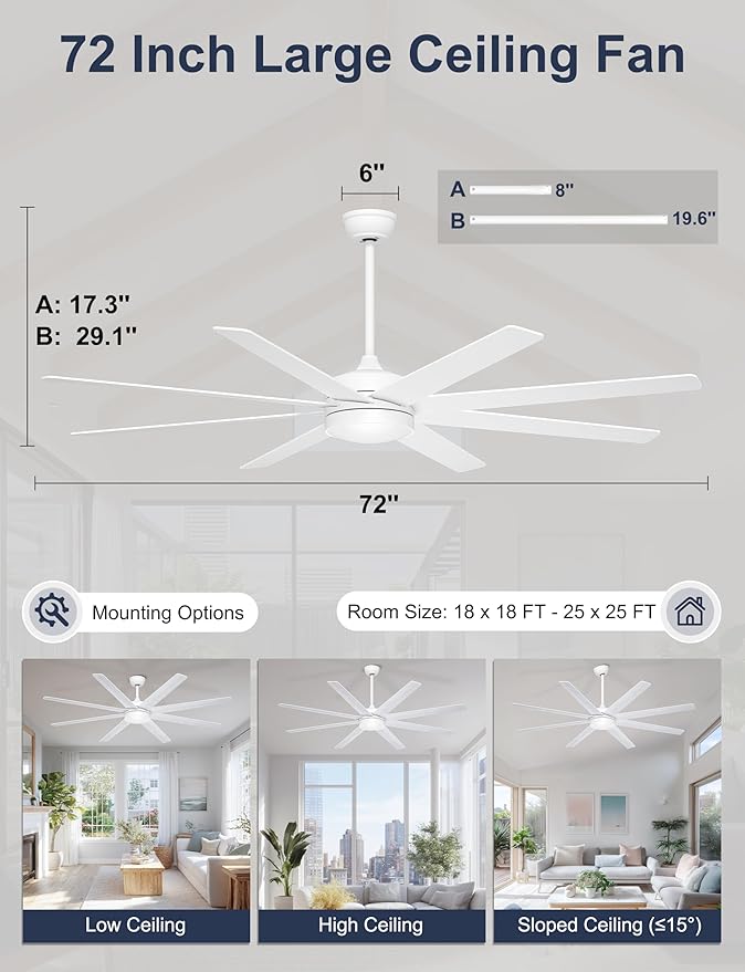 72 Inch Large Ceiling Fans with Lights, 8 Blades White Ceiling Fan Remote/APP Control, Dimmable, Reversible Big Ceiling Fan for Indoor/Covered Outdoor