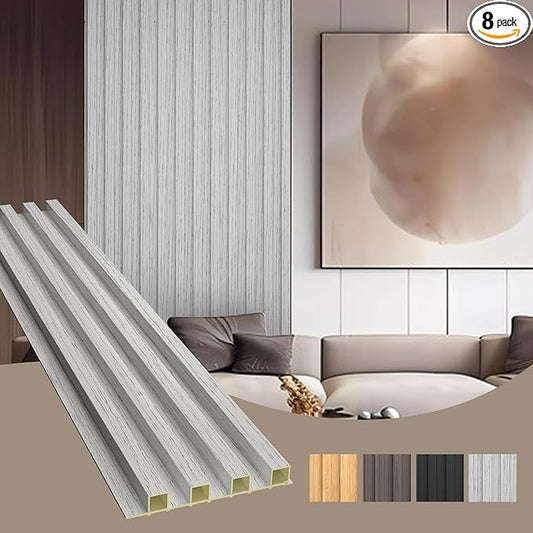 OUZUGIE WPC Acoustic Slat Wall Paneling, 8-Pack 96 x 6 Inches 3D Wall Panels for Interior Wall Decor,Living Room,TV Background,Study Room,Office Spaces,Bedroom,High Grille (Grey)