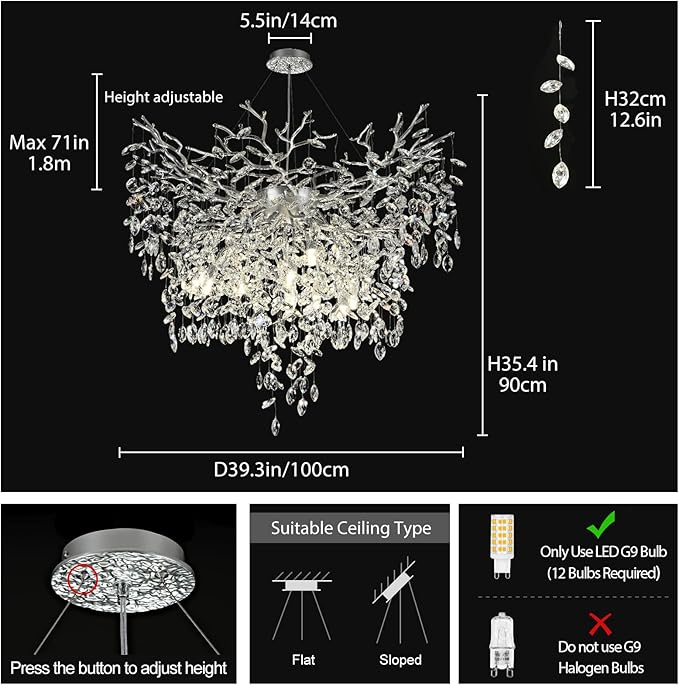 40 inch Crystal Chandelier for Dining Room, Round Silver Tree Branches Chandeliers, Top K9 Crystal Chandelier, Luxury Modern Chandeliers for Kitchen,Foyer Entryway, Living Room, Bedroom