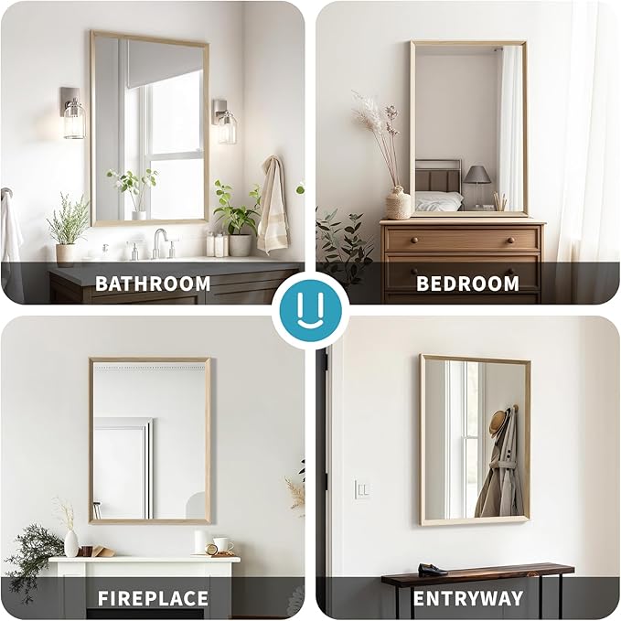 Oak Wood Effect Framed Wall Mirror, 30x40 Rectangle Mirror, 1/8" Anti-desilvering Tempered Glass, Sustainable& Sturdy Frame, Anti-Rust, HD Reflection &3min Fast Setup for Bathroom Living Room
