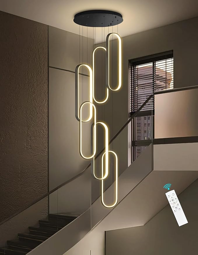 6 Rings Modern Chandelier LED Dimmable Flush Mount Ceiling Light for Foyer Living Room Staircaes Black