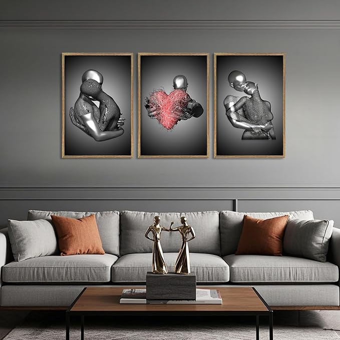 3Pcs Wood Framed 3D Couple Wall Art Poster Modern Decoration Prints Love Images Reusable Gallery Artwork Black and White Metal Style Romantic Hanging Painting Suitable 12x16 inch