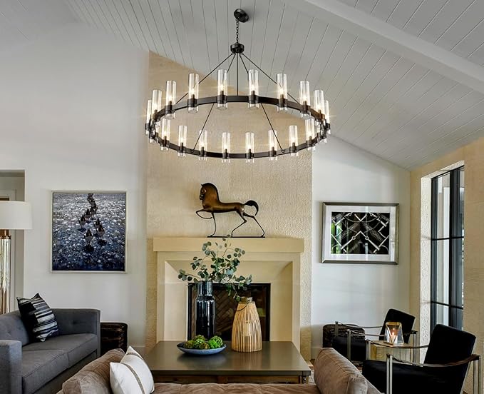 60" Black Wagon Wheel Chandelier, Large 20-Light Farmhouse Round Pendant Light Fixture with Glass Shade, Hanging High Ceilings Chandeliers for Dining Room Kitchen Foyer Entryway Living Room