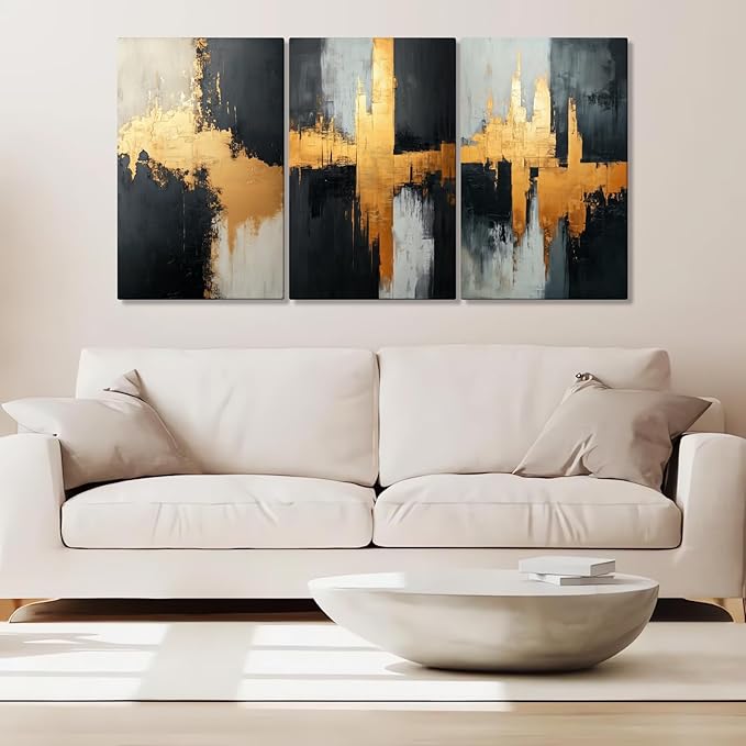 Loitspo Abstract Painting Canvas Wall Art, Black Gold Abstract Wall Art, Simple Geometric Picture Painting, Minimalist Art Pictures for Living Room Bedroom (16" x 24" x 3pc)