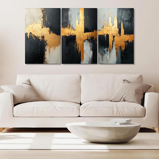 Loitspo Abstract Painting Canvas Wall Art, Black Gold Abstract Wall Art, Simple Geometric Picture Painting, Minimalist Art Pictures for Living Room Bedroom (24" x 36" x 3pc)