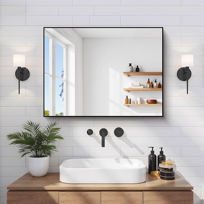 Black Bathroom Mirror for Wall, 18x24 Inch Rectangle with Metal Frame, Modern Vanity for Bathroom Living Room, Entryway Hangs Horizontal or Vertical