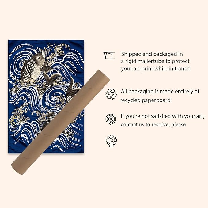 OZCONO Japanese Koi Fish Wall Art Print, Traditional Wave Pattern, Navy Blue and Gold, Unframed Gallery Quality (14L x 11W)