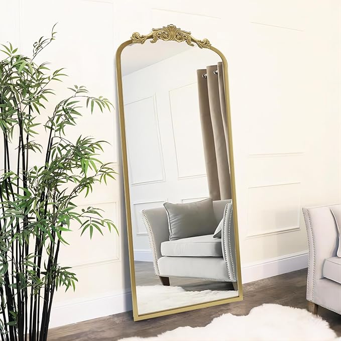 AIXI HOME Arched Gold Antique Full Length Mirror, 22"x65" Traditional Elegant Vintage Floor Body Mirror with Ornate Matel Frame, Baroque Inspired Home Decor for Bedroom/Living Room/Hallway