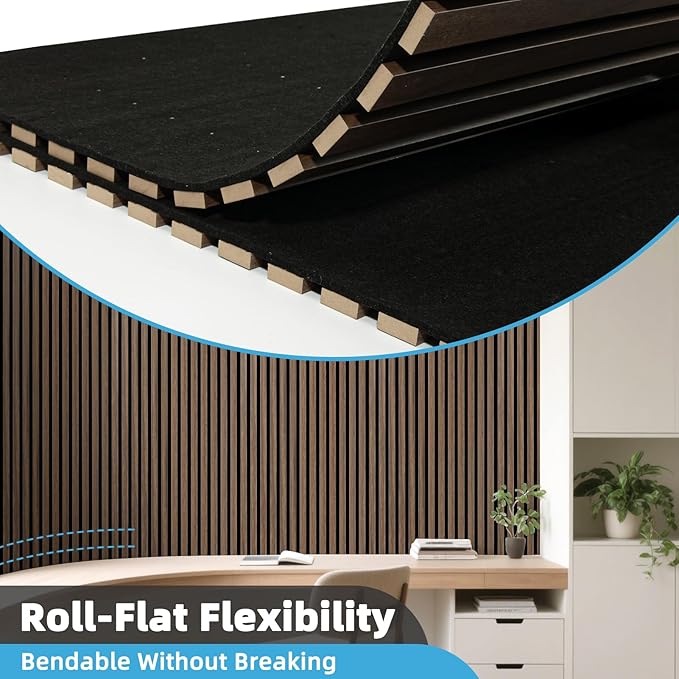 Art3d Acoustic Wood Slat Wall Panel with Roll-Flat Design - 95.3 x 23.8 Inch Sound Absorbing Panels for Living Room Columns Corridor Curved Wall Decor, 2-Pack Walnut