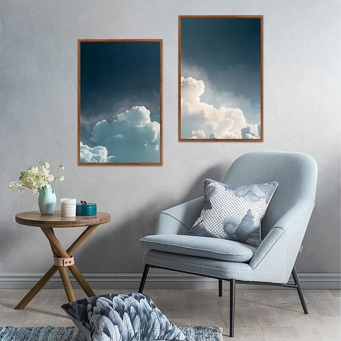 LHIUEM Abstract White Clouds Framed Canvas Wall Art,Modern Navy Blue Sky Wall Decor,Natural Scenery Painting,Minimalist Dreamy Artwork for Living Room,Bedroom,Dining Room -16"x24"x3