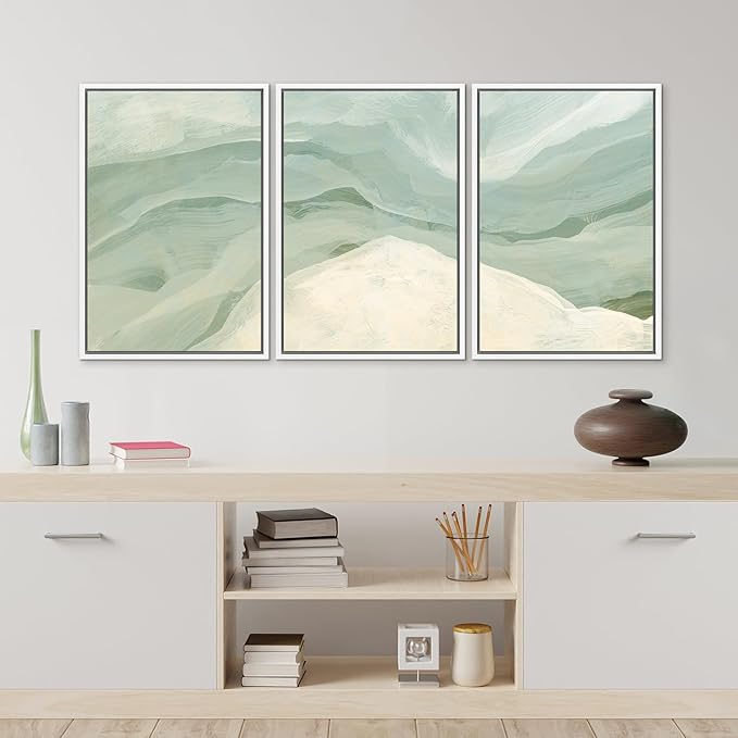 MUDECOR Framed Wall Art Print Set Pastel Waves Blue and White Tones Illustrations Modern Art Boho Decorative Colorful Chic for Living Room, Bedroom, Office - 24"x36"x3 White