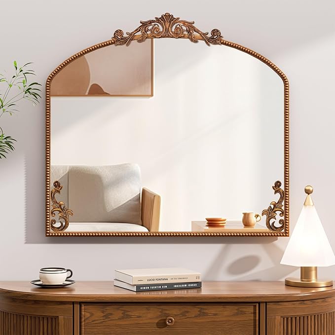 Arched Gold Wall Mirror, 36"X30" Antiqued Baroque Brass Fireplace Mirror Decor, Victorian Vintage Mirror with Metal Frame&Art Carved, for Entryway/Bedroom/Bathroom/Mantle/Hallway