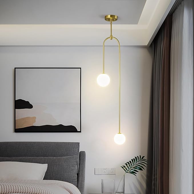 Modern Milk Glass Pendant Light 2 Light Mid Century Chandelier Small Glass Globe Gold Pendant Lights for Kitchen Island Bedroom Dining (2 Pack)