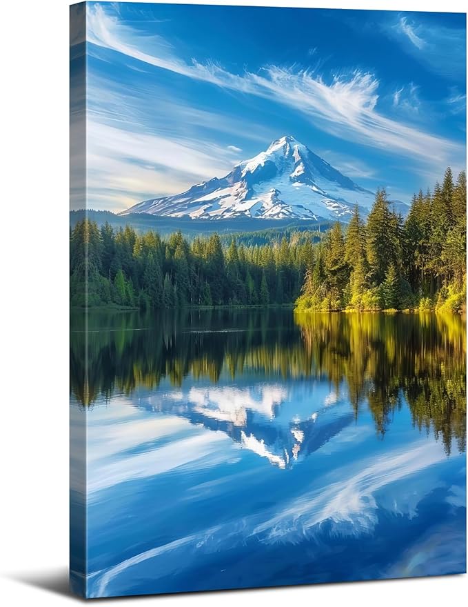 Mountain Wall Art National Park Posters Nature Forest Pictures Blue Lake Reflection Landscape Canvas Prints Mt Hood Mountains Scenery Painting Artwork for Bedroom Living Room Home Decorations 12x16"