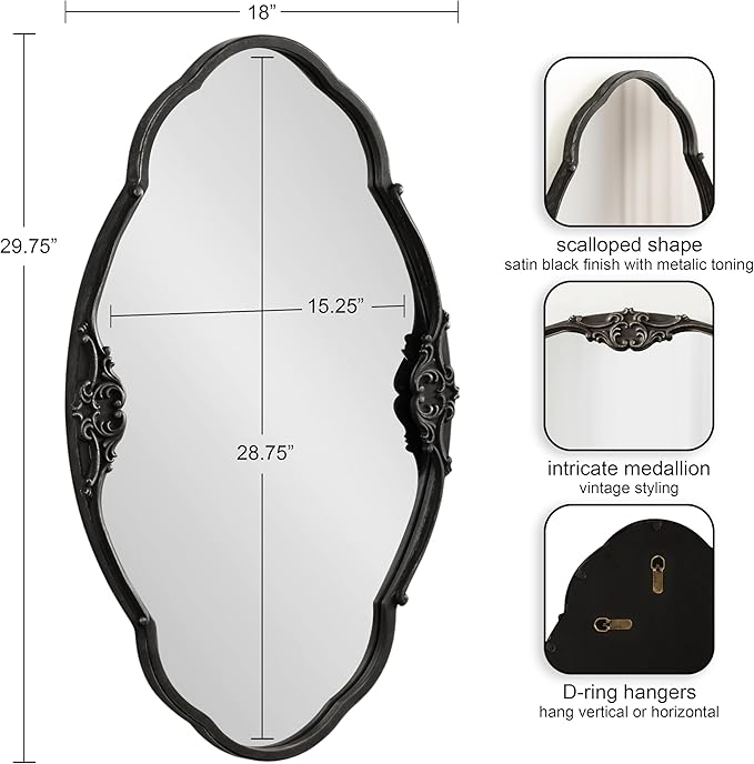 Kate and Laurel Novella Vintage Glam Ornate Mirror; 30 x 18; Black; Traditional Baroque Wall Mirror for Use as Decorative Bathroom Mirror or Fireplace Mantel Mirror